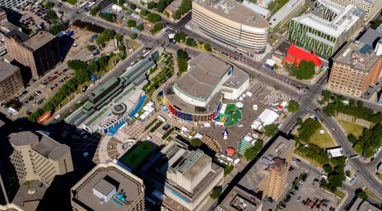 arial picture of the place des arts in Montreal