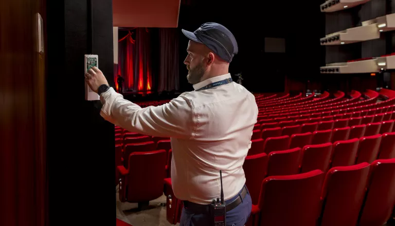 technician working inside Place Des Arts in Montreal