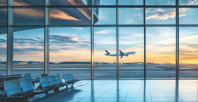 airport with huge glass window overlooking at the runway with an airplane taking off